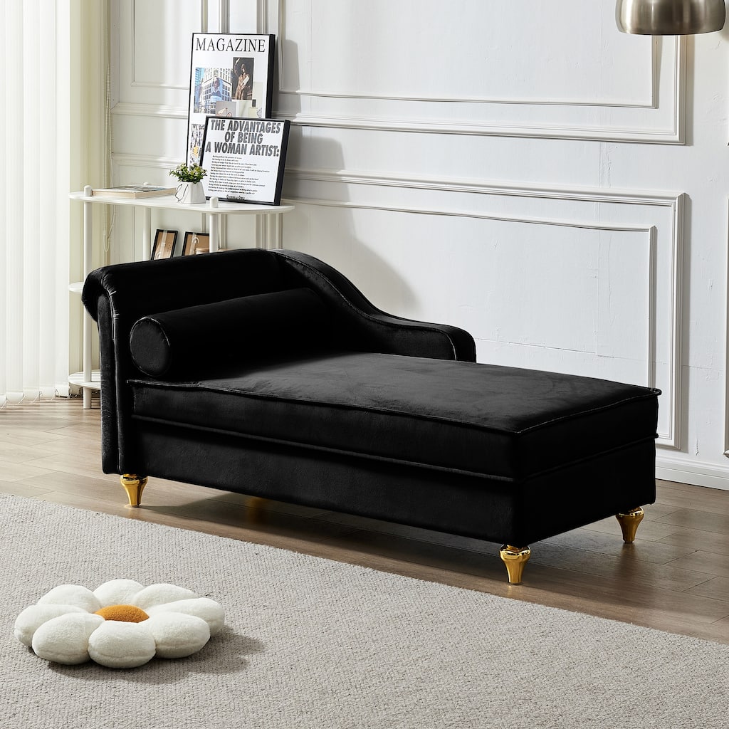 Roomfitters Modern Chaise Lounge, Indoor Daybed with Gold Metal Legs & Bolster Pillow for Bedroom Living Room, Black