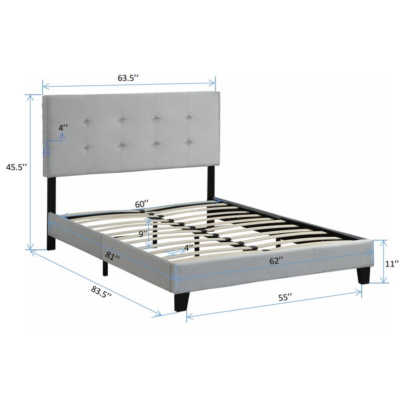 Queen Size Upholstered Bed with Tufted Headboard and Support