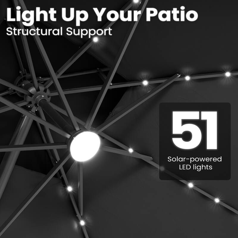 12 x 9 FT Outdoor Patio Cantilever Umbrella with Solar Lights Double Canopy 360 Rotation Tilt