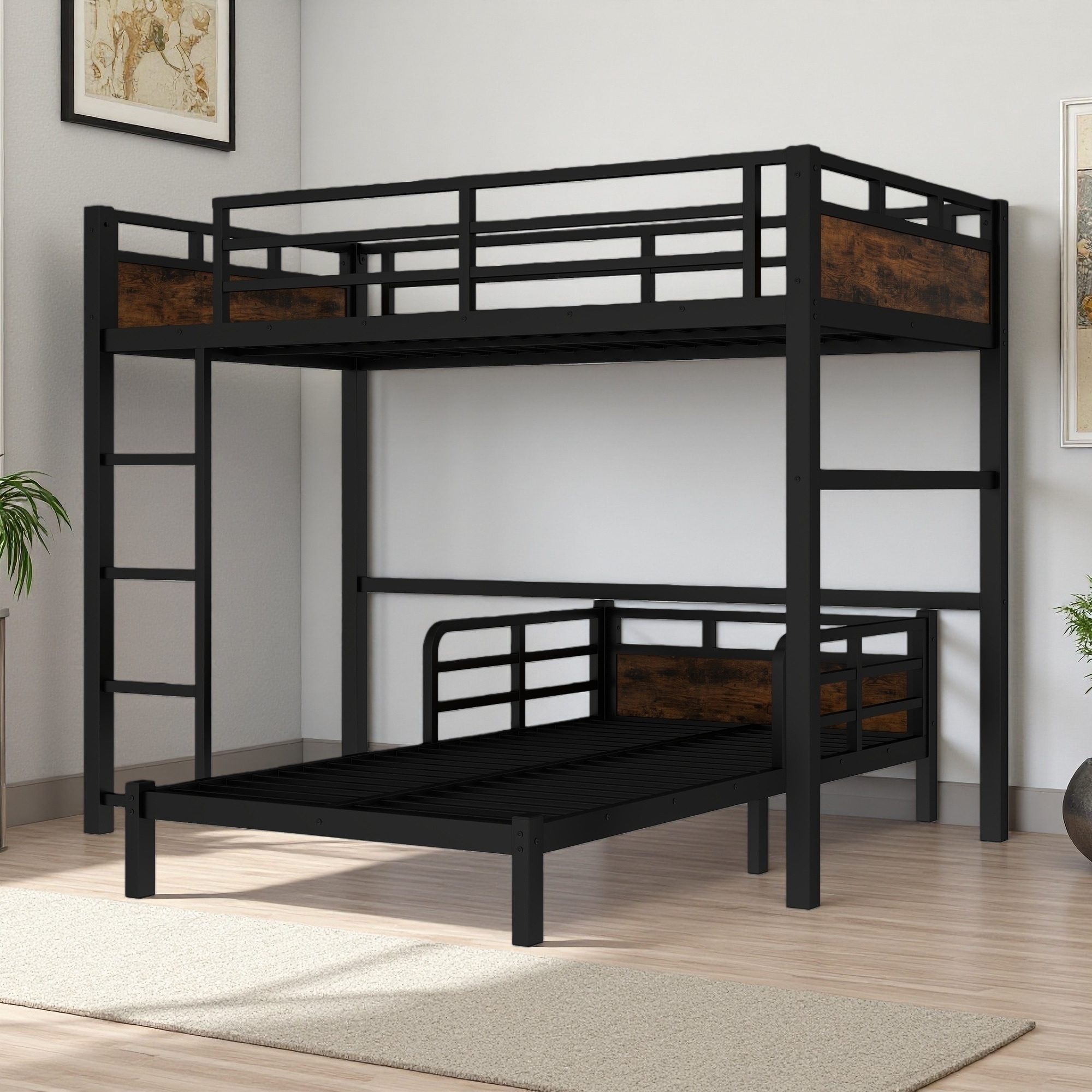 Twin XL over Twin XL Metal Bunk Bed with Fence