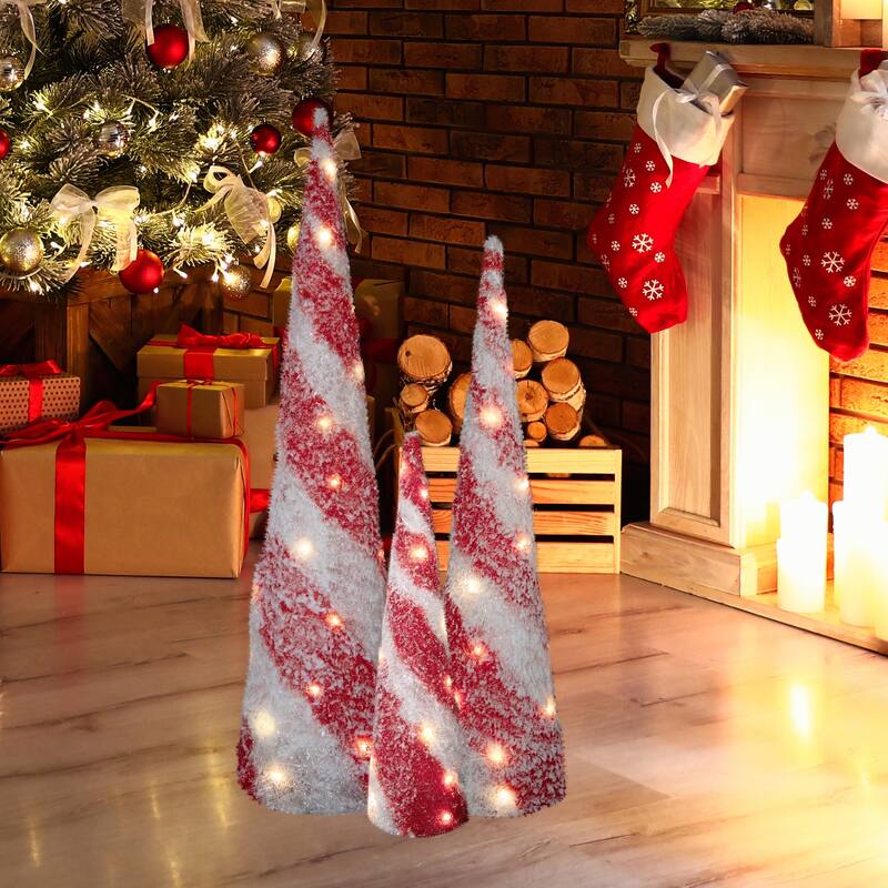 Set of 3 LED Lighted Snowy Candy Cane Striped Christmas Cone Trees 3.25'
