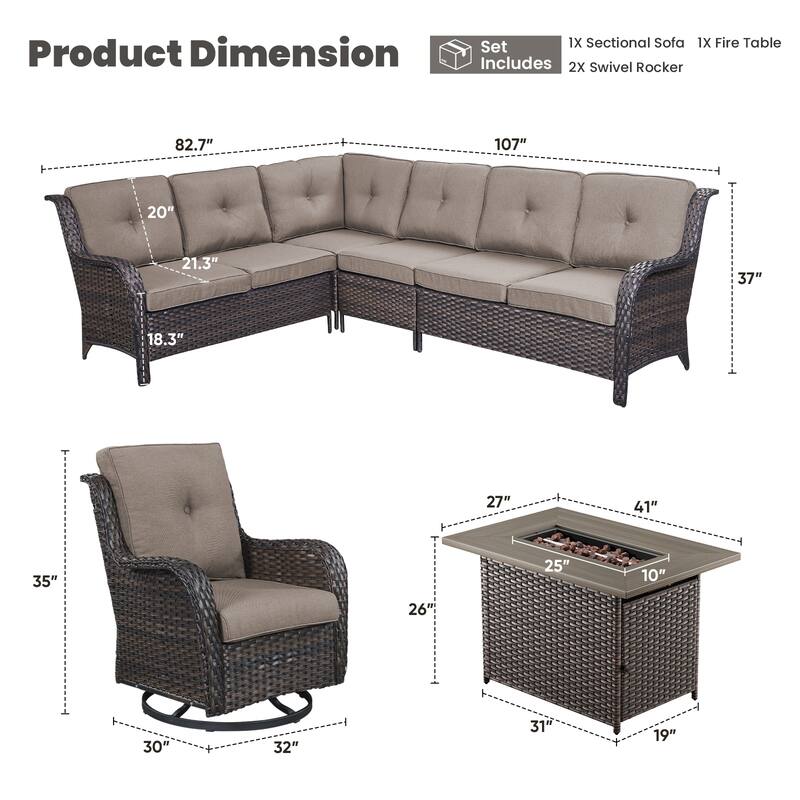 Gymojoy 4-Piece Outdoor Wicker Patio Furniture with Fire Pit and L-shaped Sectional Sofa, Coversation Set with Thick Cushions