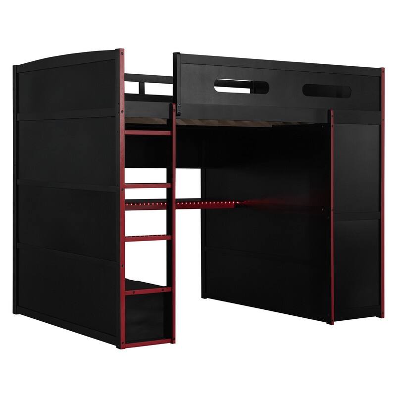 Full Size Wood Loft Bed with Desk,Wardrobe,Ample Storage Space,and RGB LED Light