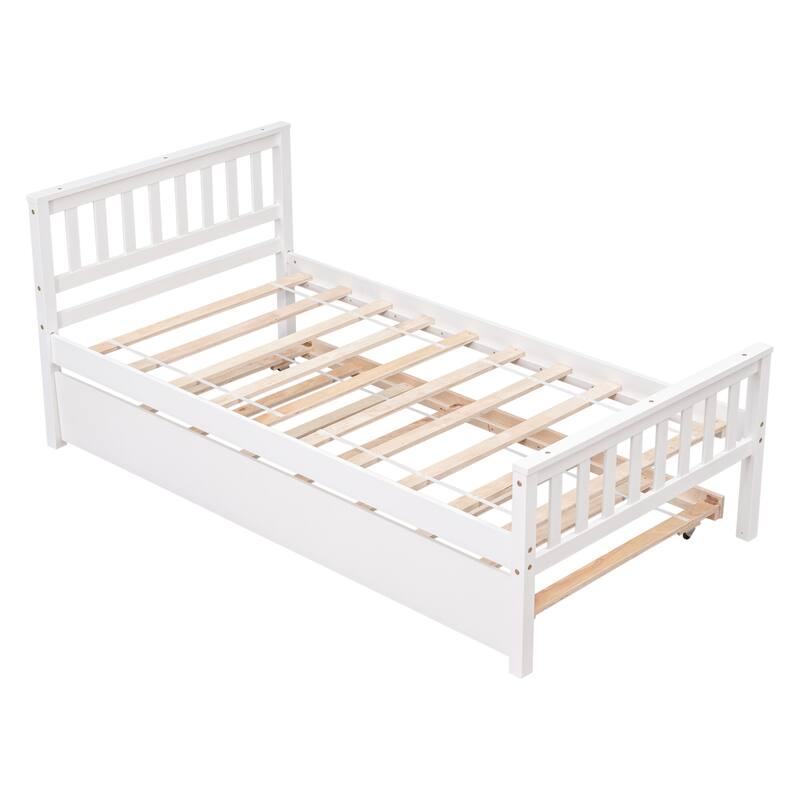 Space-Saving Twin Platform Bed with Pull-Out Trundle, Headboard & Footboard, No Box Spring Needed, White