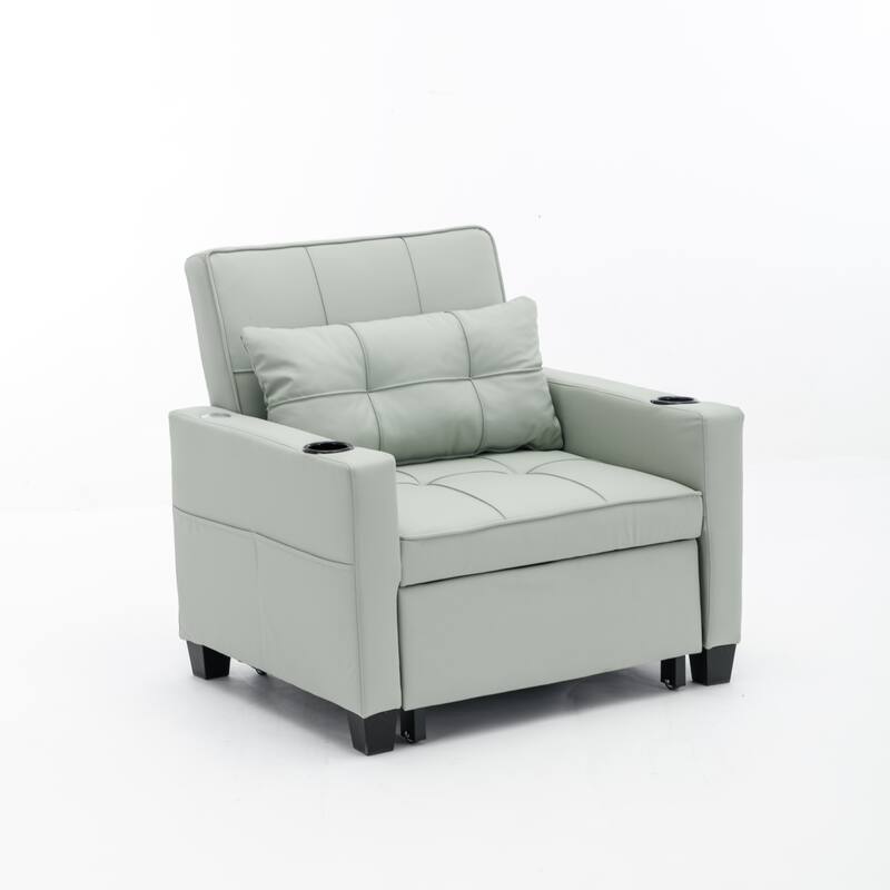 Leather Futon Armchair Bed with USB, Cup Holders & 3-Position Backrest