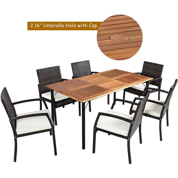 Shop Costway 7pcs Patio Rattan Dining Set Chair Wooden Table Top W Umbrella On Sale Overstock 31685796