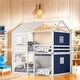 preview thumbnail 1 of 29, Elegant Playhouse Design Full Size Bunk Wood House Bed with Tent Blue+White