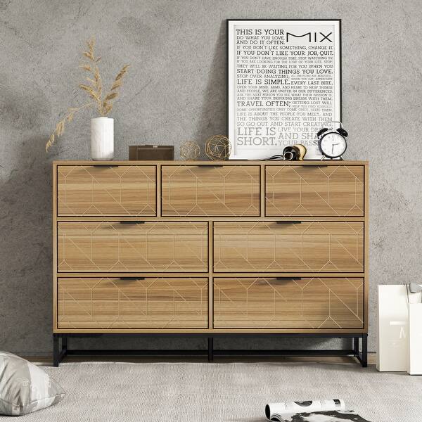 Modern Walnut 7-Drawer Dresser with Large Storage Capacity, Vintage Grain Design, Metal Base, and Non-Slip Foot Pads - Bed Bath & Beyond - 37828444 Modern Walnut 7-Drawer Dresser with Large Storage Capacity, Vintage Grain Design, Metal Base, and Non-Slip Foot Pads - Bed Bath & Beyond - 37828444