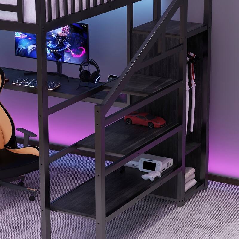 Black Metal Queen Loft Bed w/ Wardrobe & LED Light L Shaped Desk USB for Kids Teens Adults