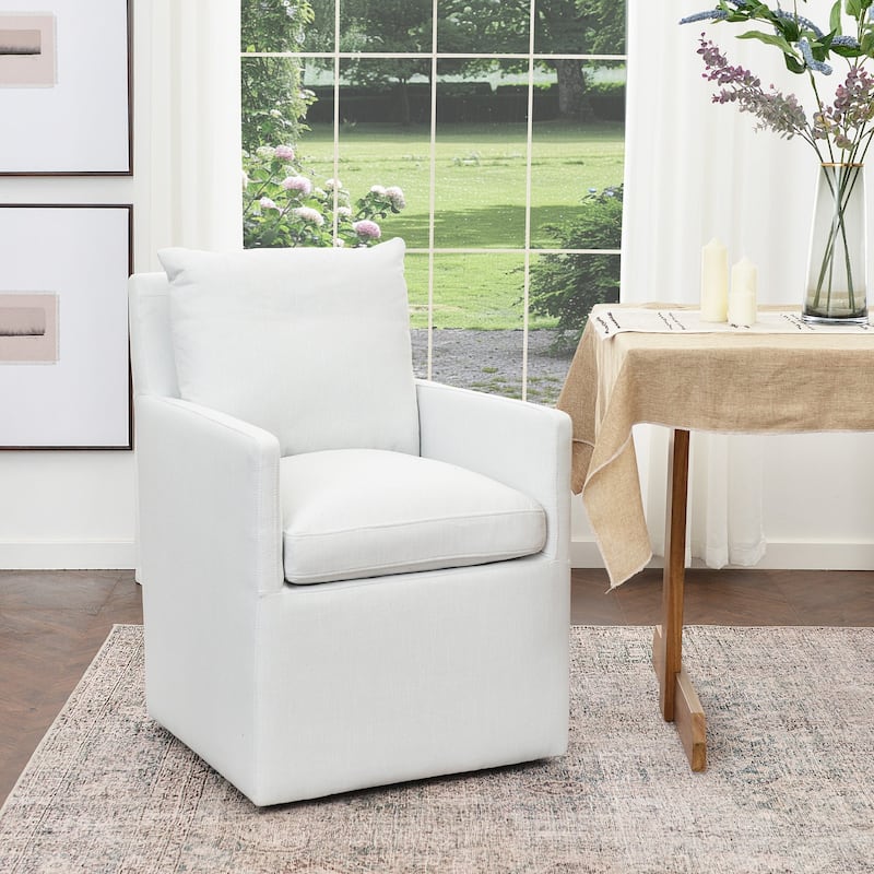 KINWELL 25" Performance Fabric Upholstered Rolling Dining Armchair - Ivory