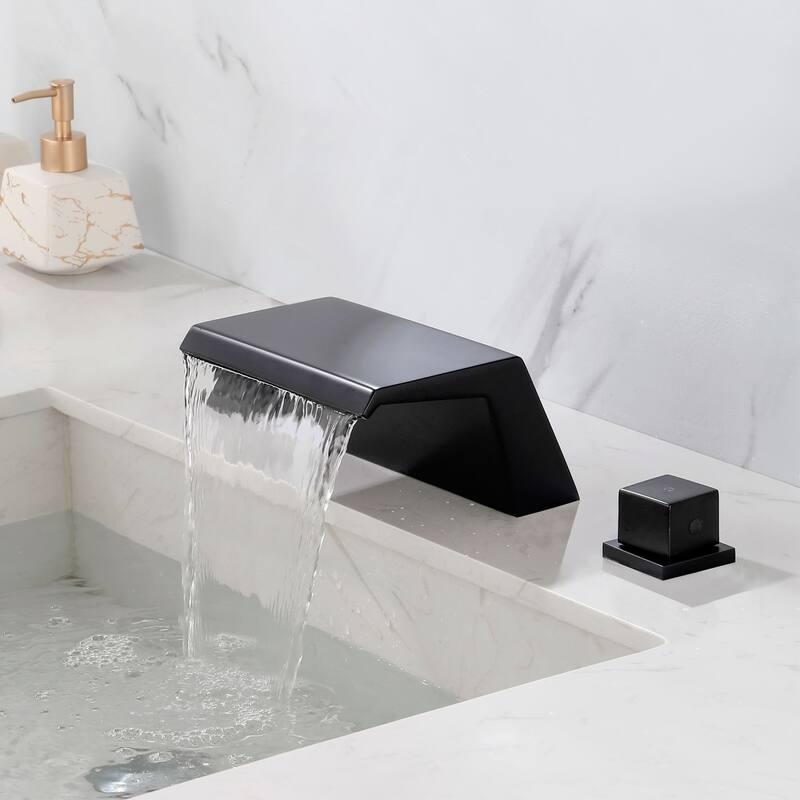 Matte Black Widespread Bathroom Sink Faucet – Waterfall 3 Hole Basin Mixer, Modern