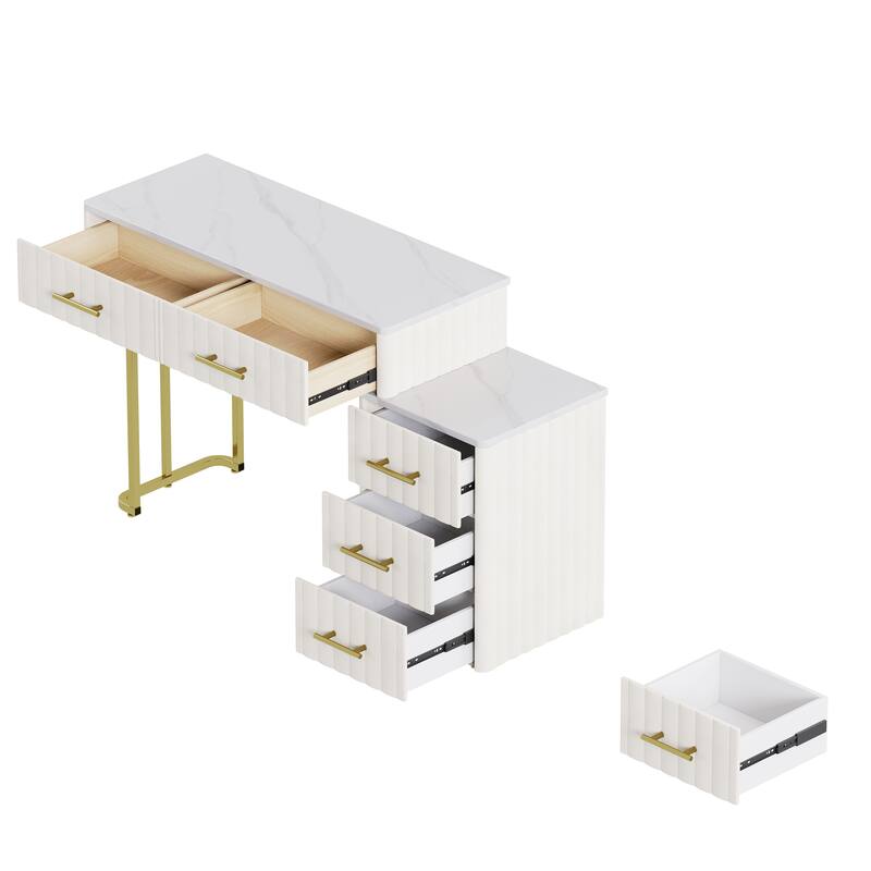 Velvet Upholstered Makeup Vanity Desk with 5 Storage Drawers, Marble-Look Sticker Top Dressing Table and Padded Makeup Chair Set