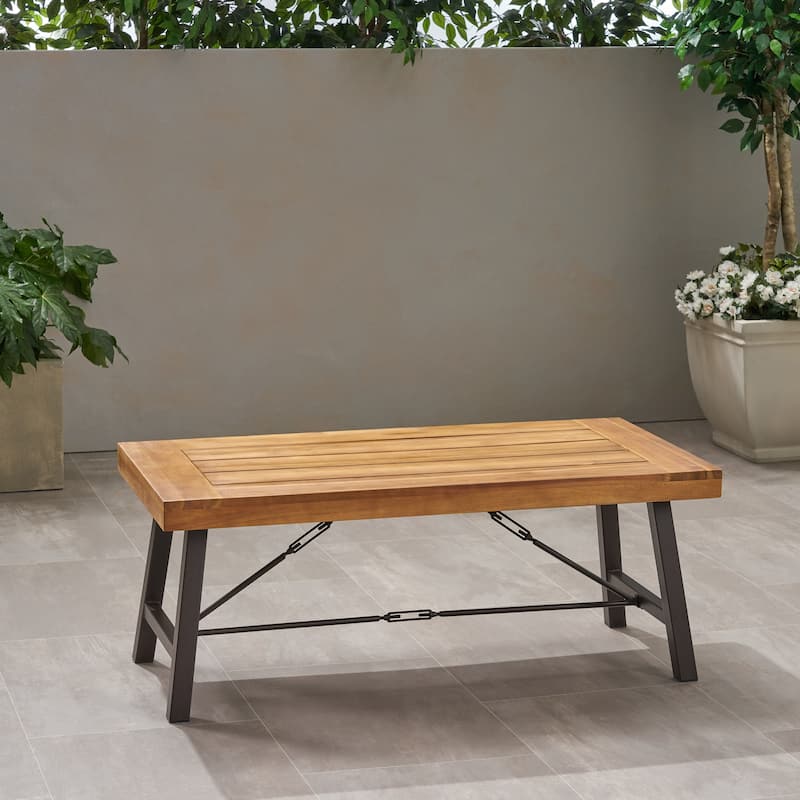 Outdoor Acacia Wood Coffee Table, Teak Finish / Rustic Metal Brown and Black, 27.25"D x 45.75"W x 18"H - Brown