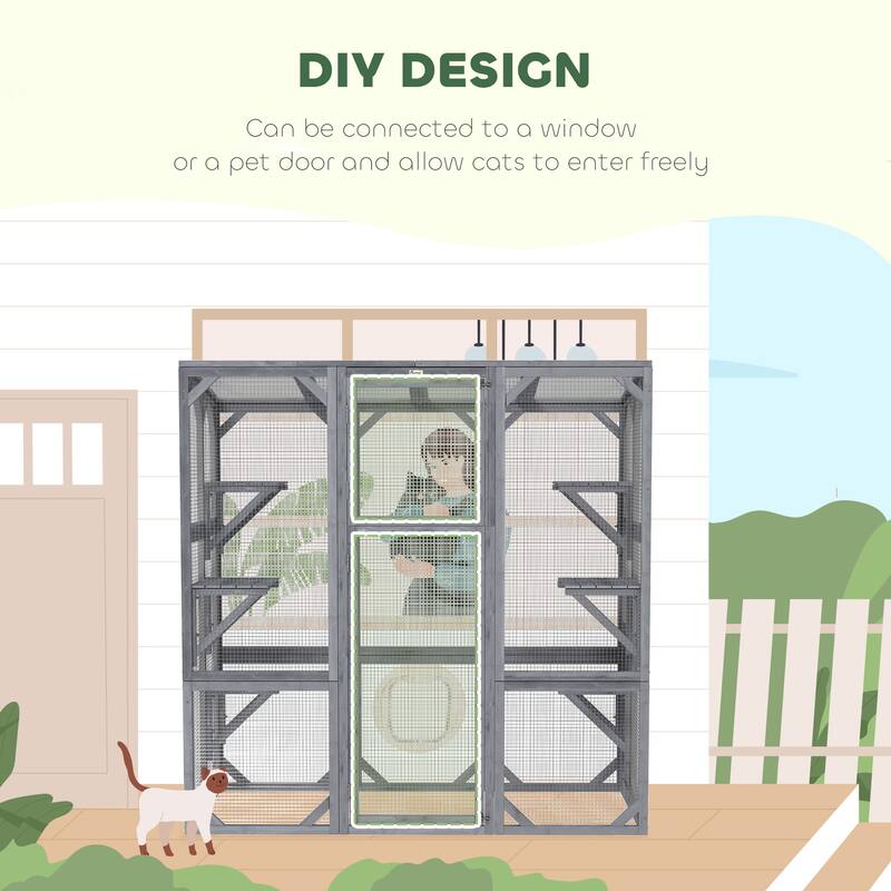 PawHut Catio Outdoor Cat Enclosure, Large Wooden Cat House with 6 Jumping Platforms, Weatherproof Roof