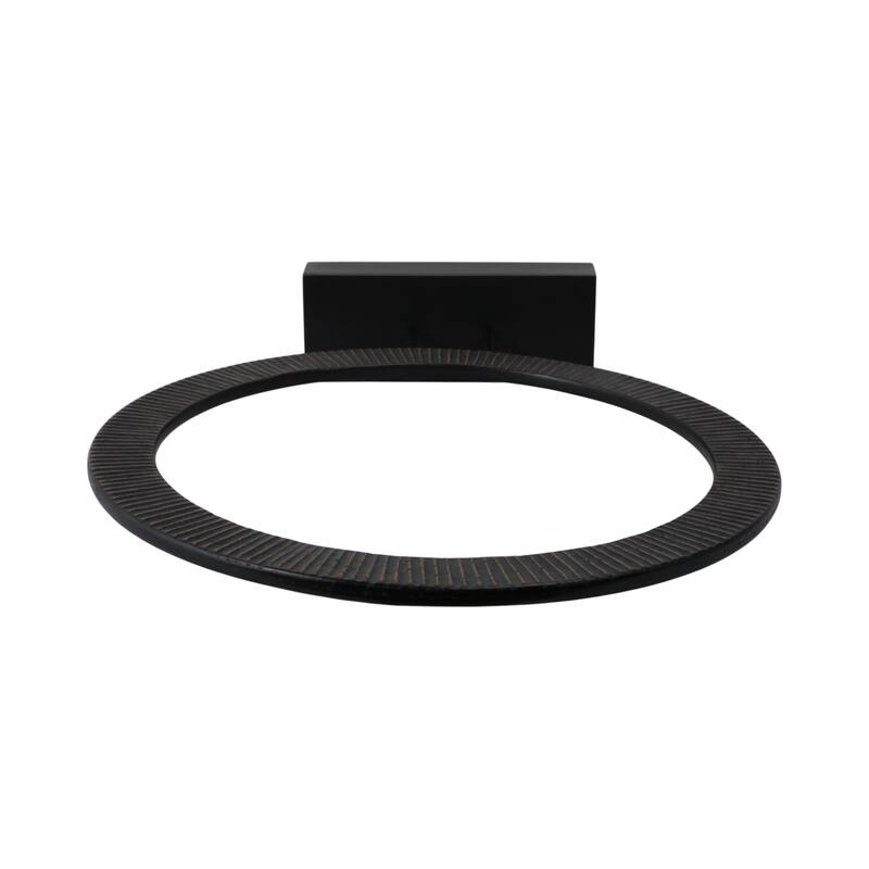 Wood and Iron Ring Sculpture on Base with Modern Grooved Texture