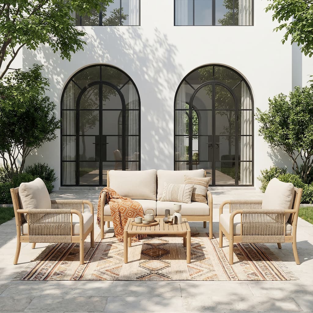 Christopher Knight Home - Havenport Modern Outdoor Wooden 5-Piece Chat Set with Rope Accents - 4 - Seater