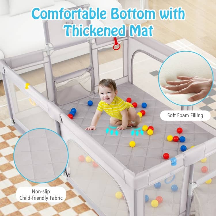 Light Grey Kids Play Yard with Soft Foam Base and 50 Ocean Balls Basketball Hoop and Soccer Nets - 81" x 57" x 27" (L x W x H)