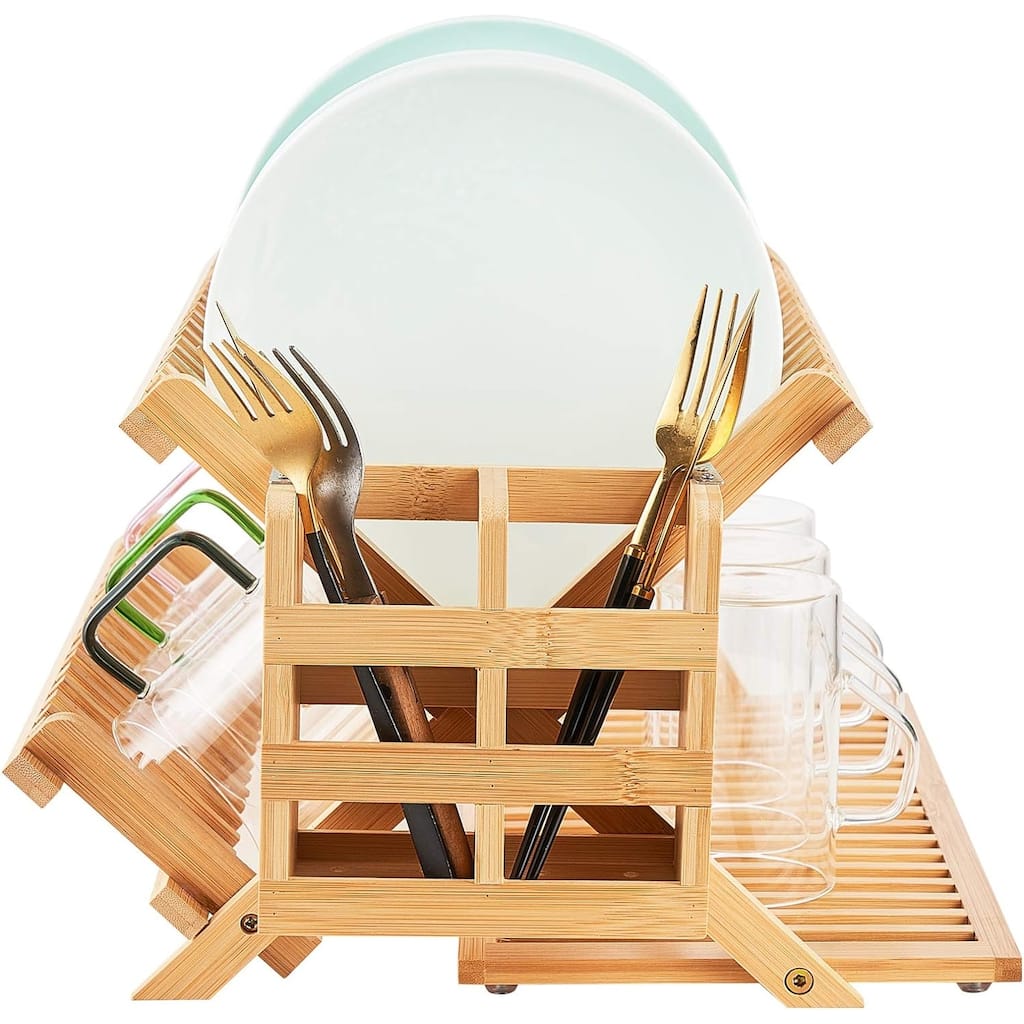 2/3 Tier Collapsible Dish Rack with Utensil Holder, Wooden Dish Drying Rack for Kitchen Counter