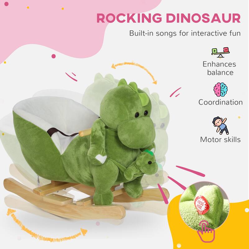 Dinosaur-Themed Baby Rocking Horse with 32 Songs, Safety Belt, Footrest & Plush Dinosaur Hand Puppet for Toddlers 18-36 Months
