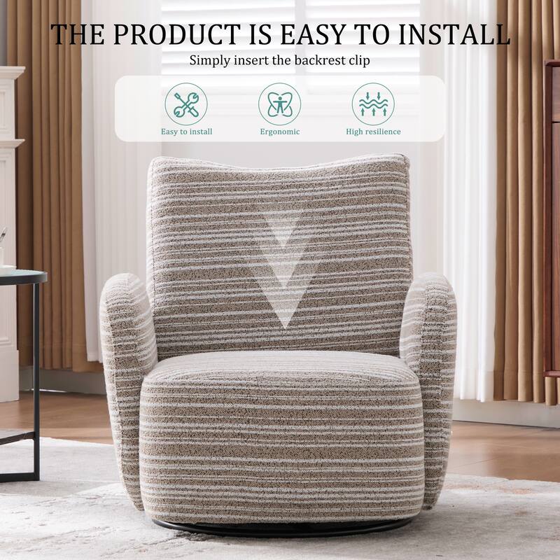 HOMEFUN Boucle Upholstered 360° Swivel Fabric Striped Armrest Leisure Chair for Living room and Bedroom