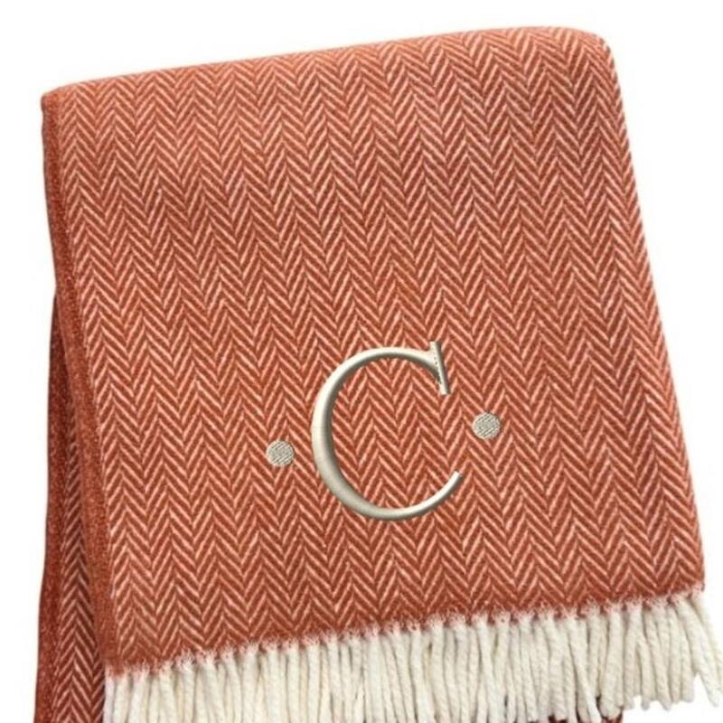 55" X 70" Terra Cotta And White Herringbone Cotton Blend S Initial Throw Blanket with Tassels And Embroidery