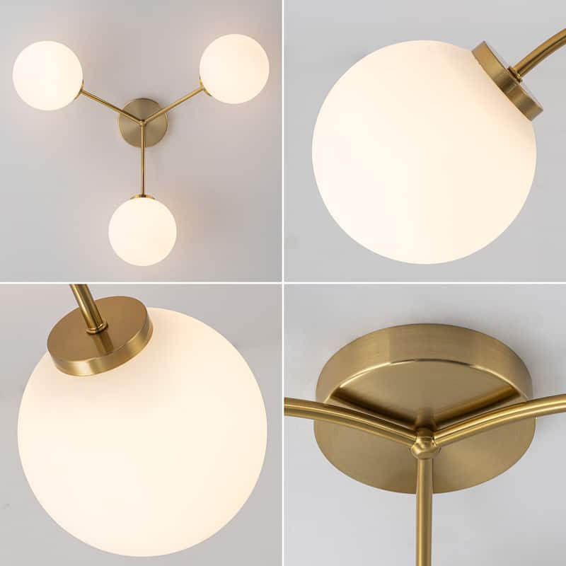 6-Light Brass Semi-Flush Mount Ceiling Light with Opal Glass Shades - 24.2-in W x 9.05-in H