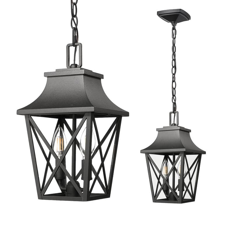 Black Farmhouse Outdoor Pendant Light - Modern Rectangular Porch Lantern with Clear Glass (1-Pack) - Black