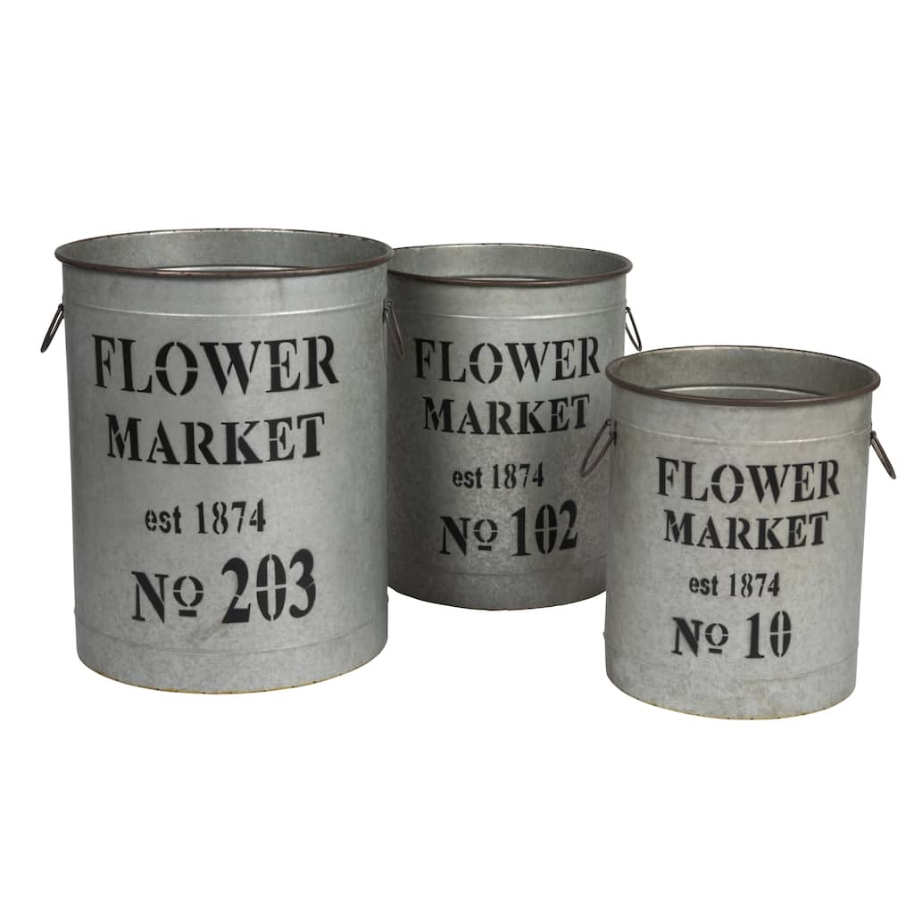 Decorative Metal Buckets with Handles and "Flower Market" Text - Grey