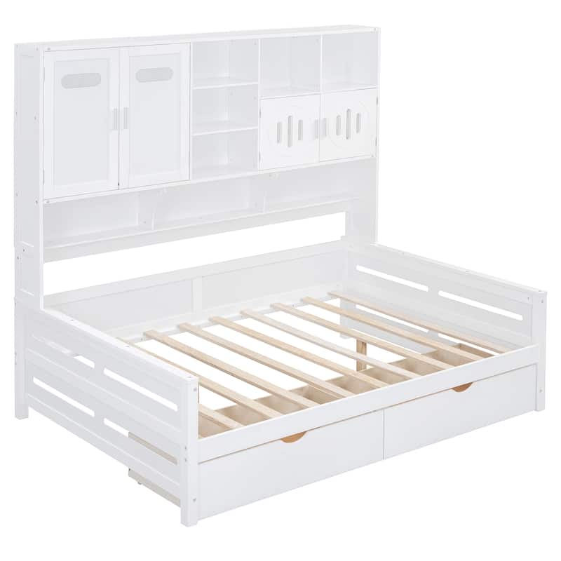 White Full Size Wooden Daybed with 2 Drawers, Cabinet & Shelf