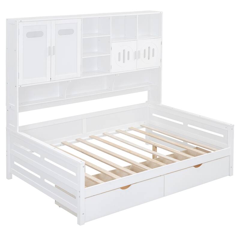 White Full Size Wooden Daybed with Storage Drawers and Built-in Cabinet & Shelf