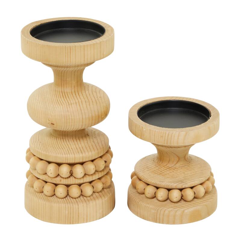 Brown or White Wood Beaded Pillar Candle Holder (Set of 2)