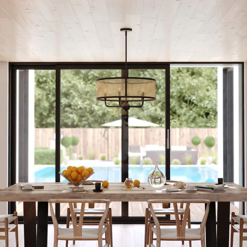 Berens 5 Light Matte Black Modern Farmhouse Drum Pendant Fixture with Rattan Cane Shade - 24-in W x 13.5-in H x 24-in D