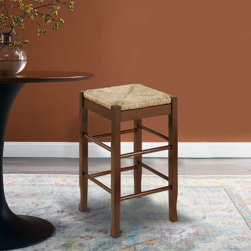 Rush Woven Wooden Frame Counter Stool with Saber Legs, Beige and Dark Brown