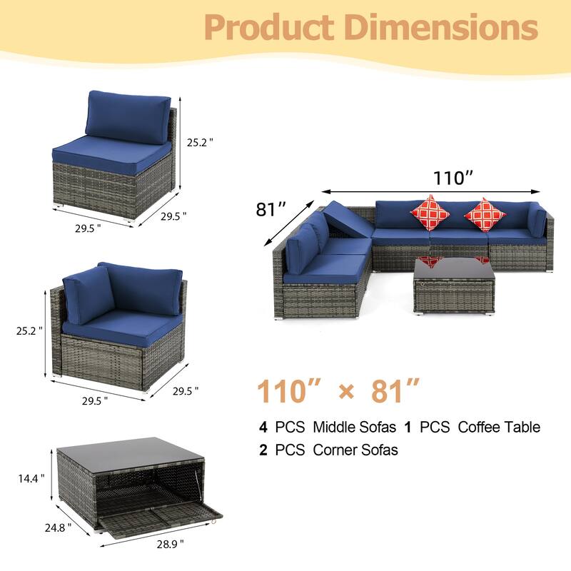 EROMMY 6/7 Piece Modular Outdoor Rattan Sofa Set, All-Weather Wicker Patio Furniture with Storage Table, Cushions & Pillows