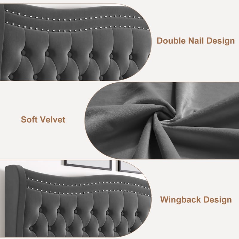 Full Size Tufted Wingback Bed Grey Velvet Upholstered Platform Bed with Solid Wood Slat Support Frame and Nailhead Trim