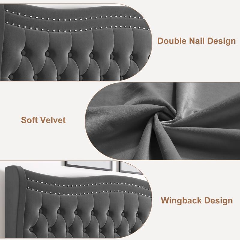 Wingback Platform Bed King Size Velvet Upholstered Bed with Nailhead Trim and Tufted Headboard Footboard, Wood Slats Support