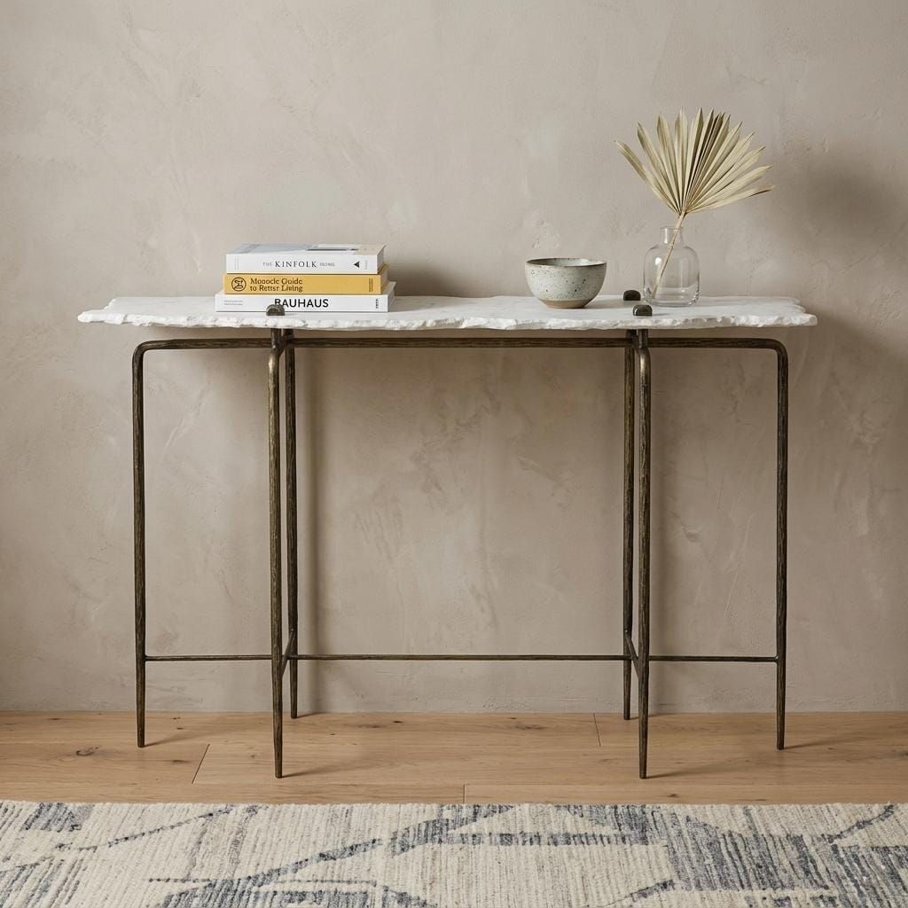HomeRoots 49" White and Brass Genuine Marble and Iron Distressed Six Leg Console Table - 49.00 in. x 32.00 in. x 17.00 in.