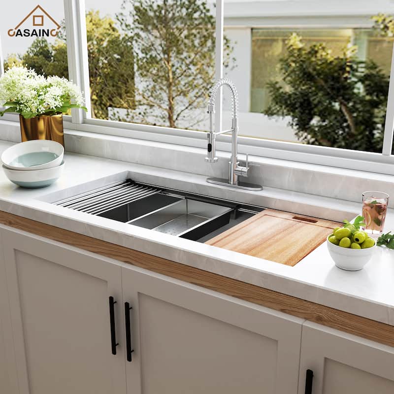 36 in. Undermount Single Bowl 18 Gauge Brushed Stainless Steel Workstation Kitchen Sink with Sliding-Accessories