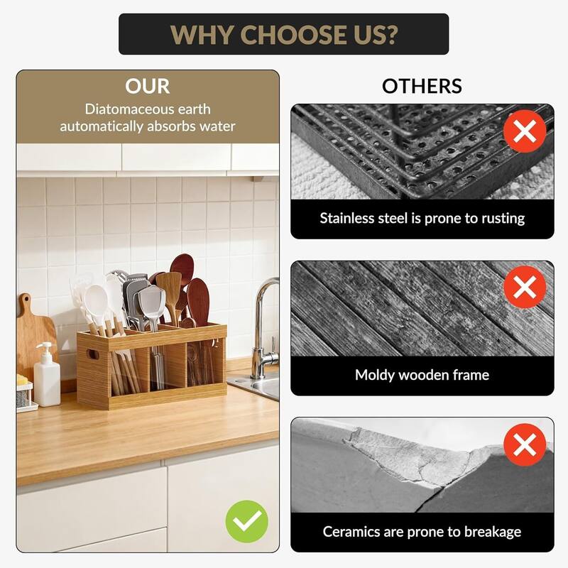 6 Compartments Kitchen Cooking Bamboo Utensil Holder Organizer for Countertop