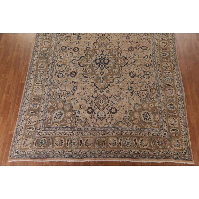 Hand Knotted Oriental 100% Wool Carpet Traditional Floral Peach Mashad Area Rug - 12' 7'' X 9' 9''