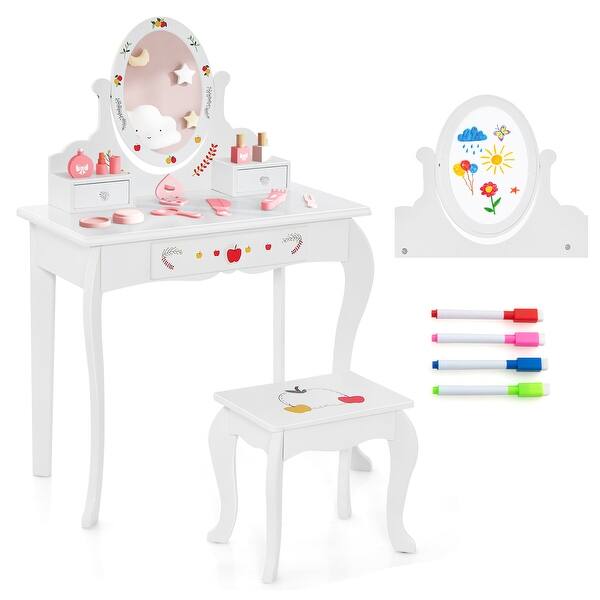 slide 2 of 10, Kids Vanity and Stool Set with 360 Rotatable Mirror and Whiteboard-White - 27.5"L x 14"W x 40"H White