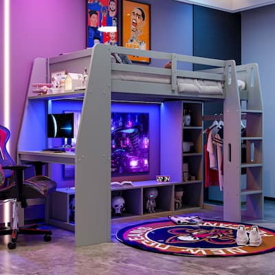Twin Size Pinewood Gaming Loft Bed with Desk, LED Lighting, Storage Shelves and Hanging Clothes Rack