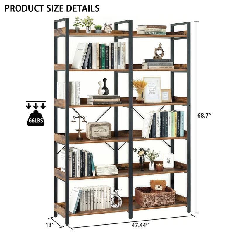 6-Tier Industrial Bookshelf, 67" Wooden Bookshelf with Open Shelves, Freestanding Metal Frame Bookcase, Modern Book Shelves