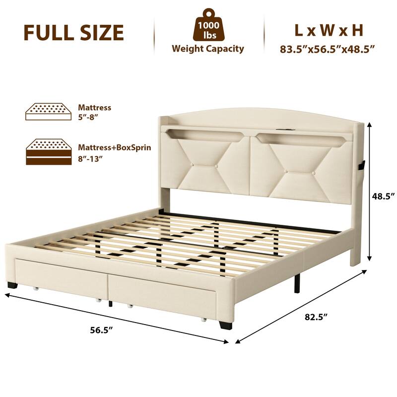 Modern Platform Bed with LED Lights and Storage Headboard