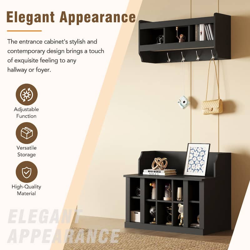 Roomfitters Shoe Storage Bench with Shelves and 4 Hooks, Elegant Hall Tree with Wall Mounted Coat Rack for Entryway