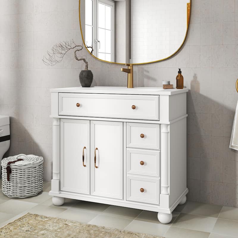 28"/36" Bathroom Vanity with Sink, Integrated Ceramic Basin Vanity Cabinet with Roman Column Base, Solid Wood Frame