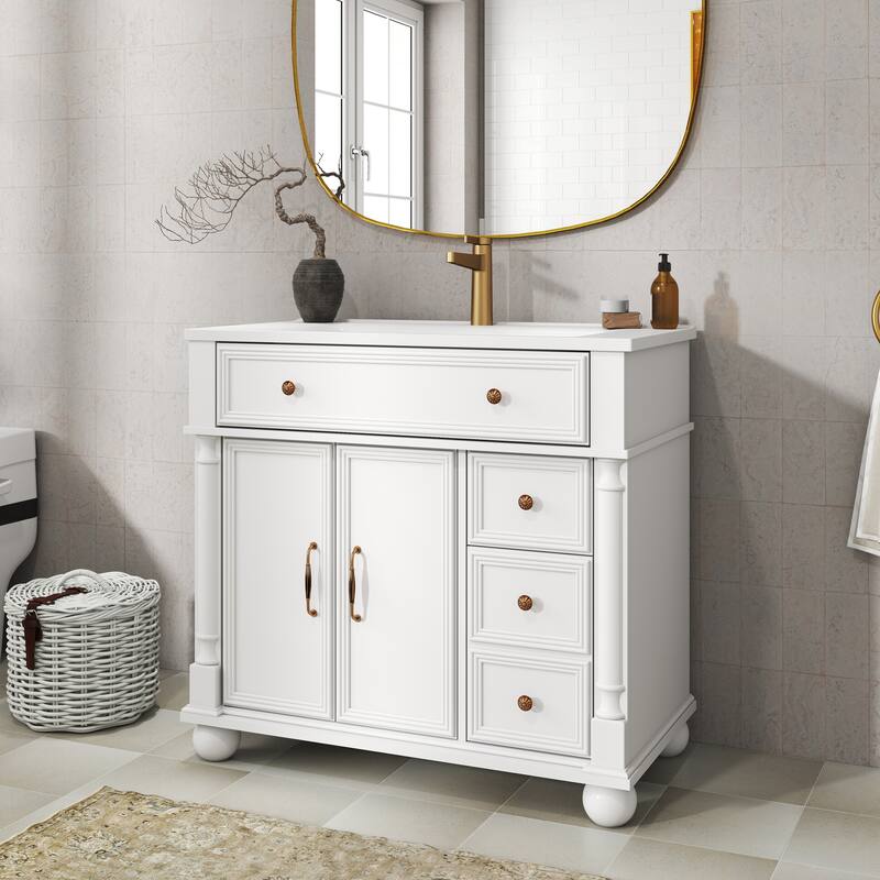 35.6-Inch Mid-Century Bathroom Vanity Sink with Roman Column Base, Farmhouse Freestanding Vanity Cabinet