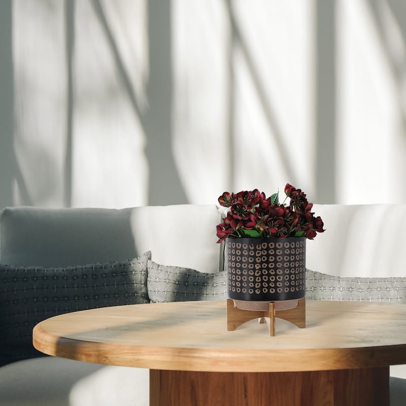 Sagebrook Home Neutral Tan and Brown Ceramic Dotted Planter with Wood Stand Indoor Outdoor