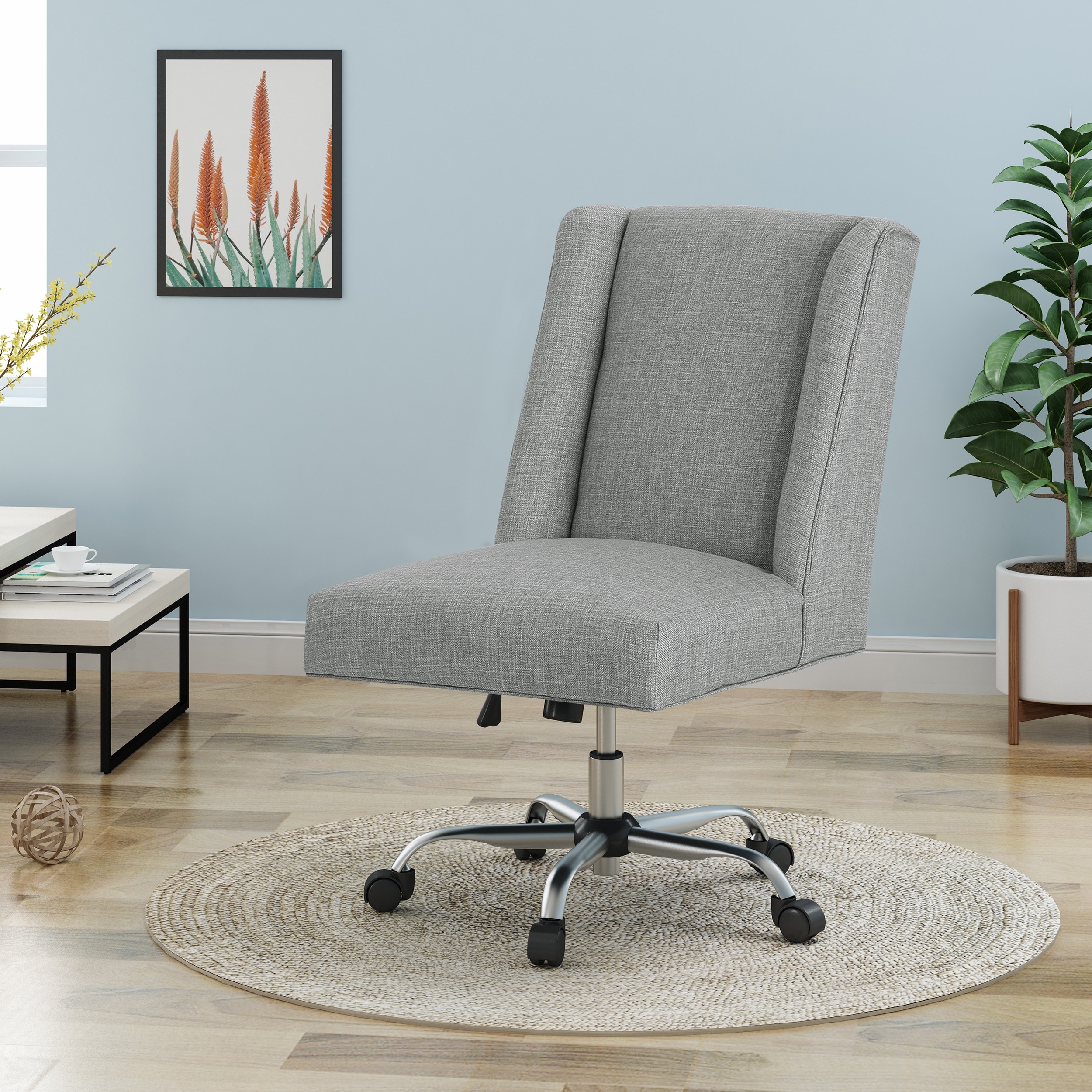Office Chair Grey Modern Fabric Upholstered Seat Casters Rolling - Main Image