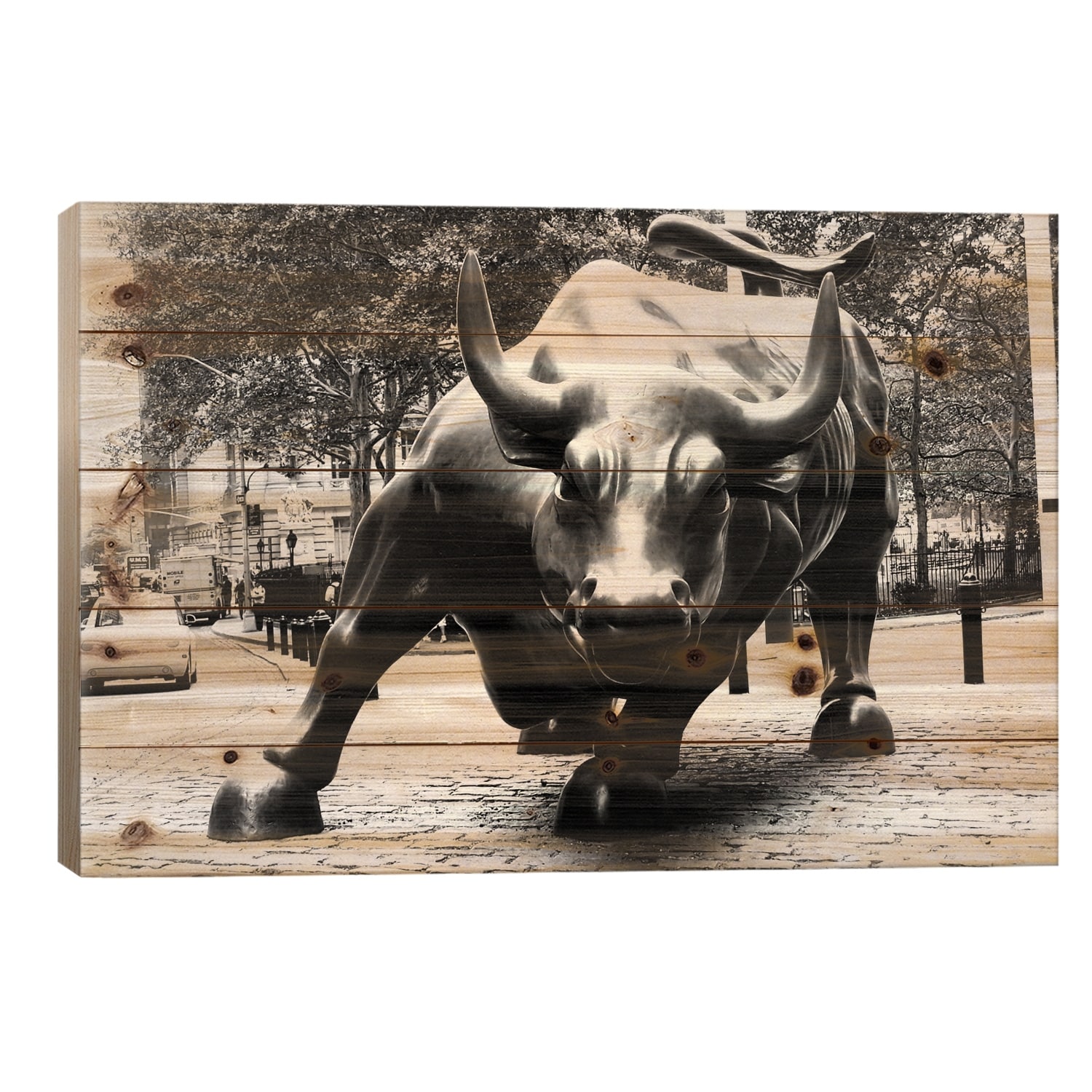Wall Street Bull Black & White Print On Wood by Unknown Artist - Multi-Color